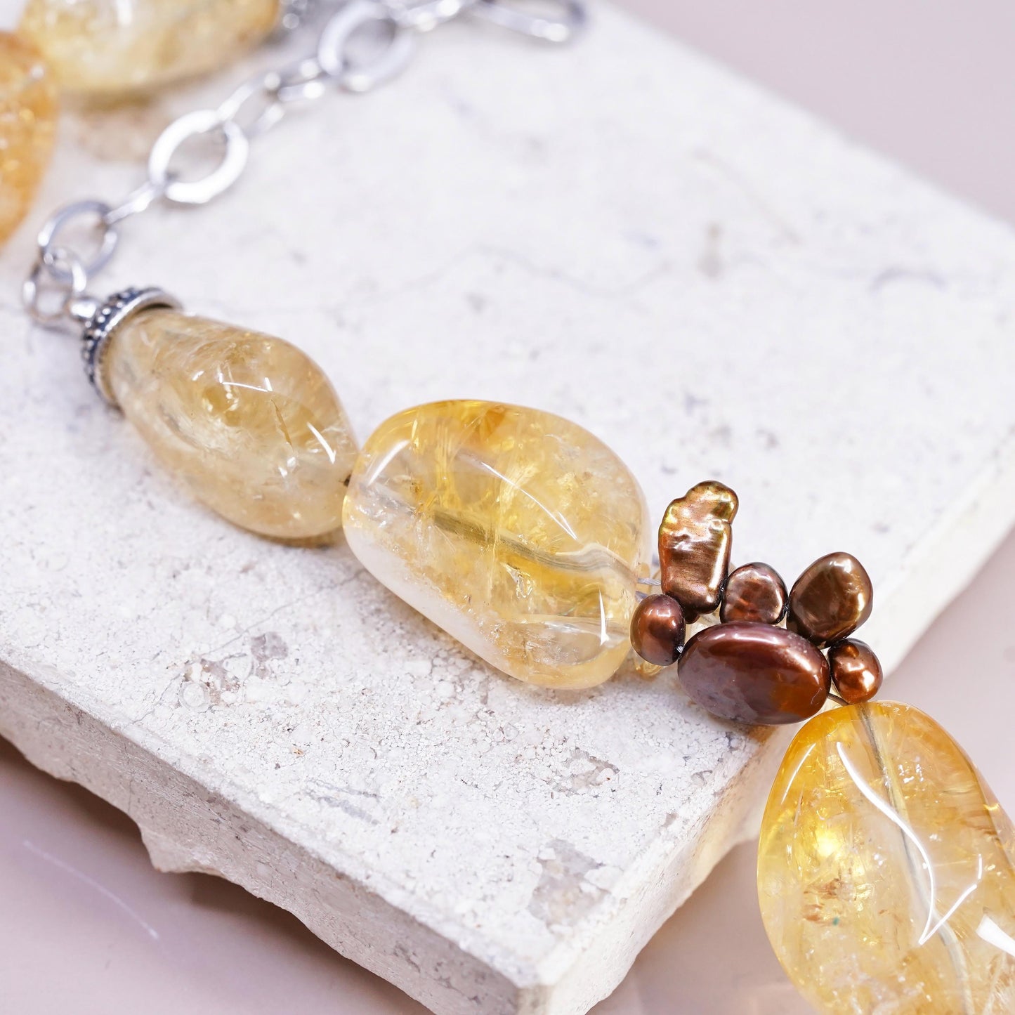 16+2", VTG Deb Guyot Sterling 925 silver chunky citrine coin pearls Necklace