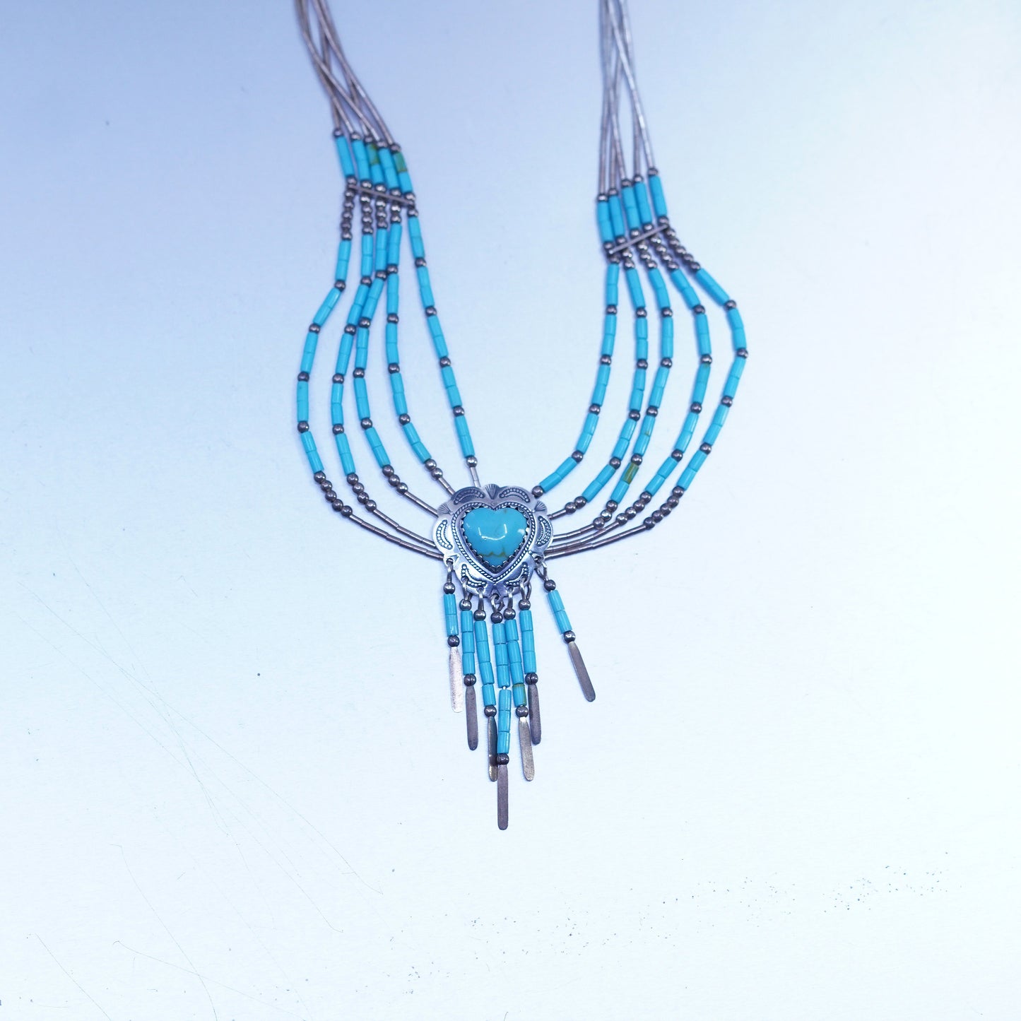 18”, liquid Sterling 925 silver strands necklace, Native American turquoise