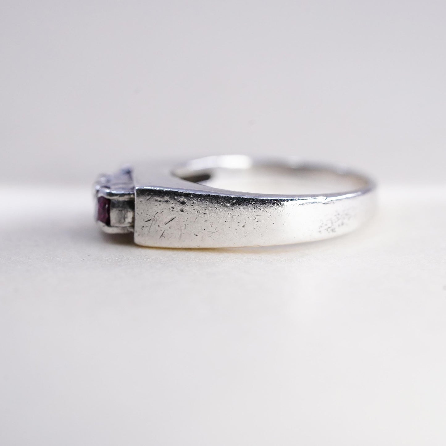 Size 6, Vintage sterling silver handmade ring, 925 stackable band with ruby cz
