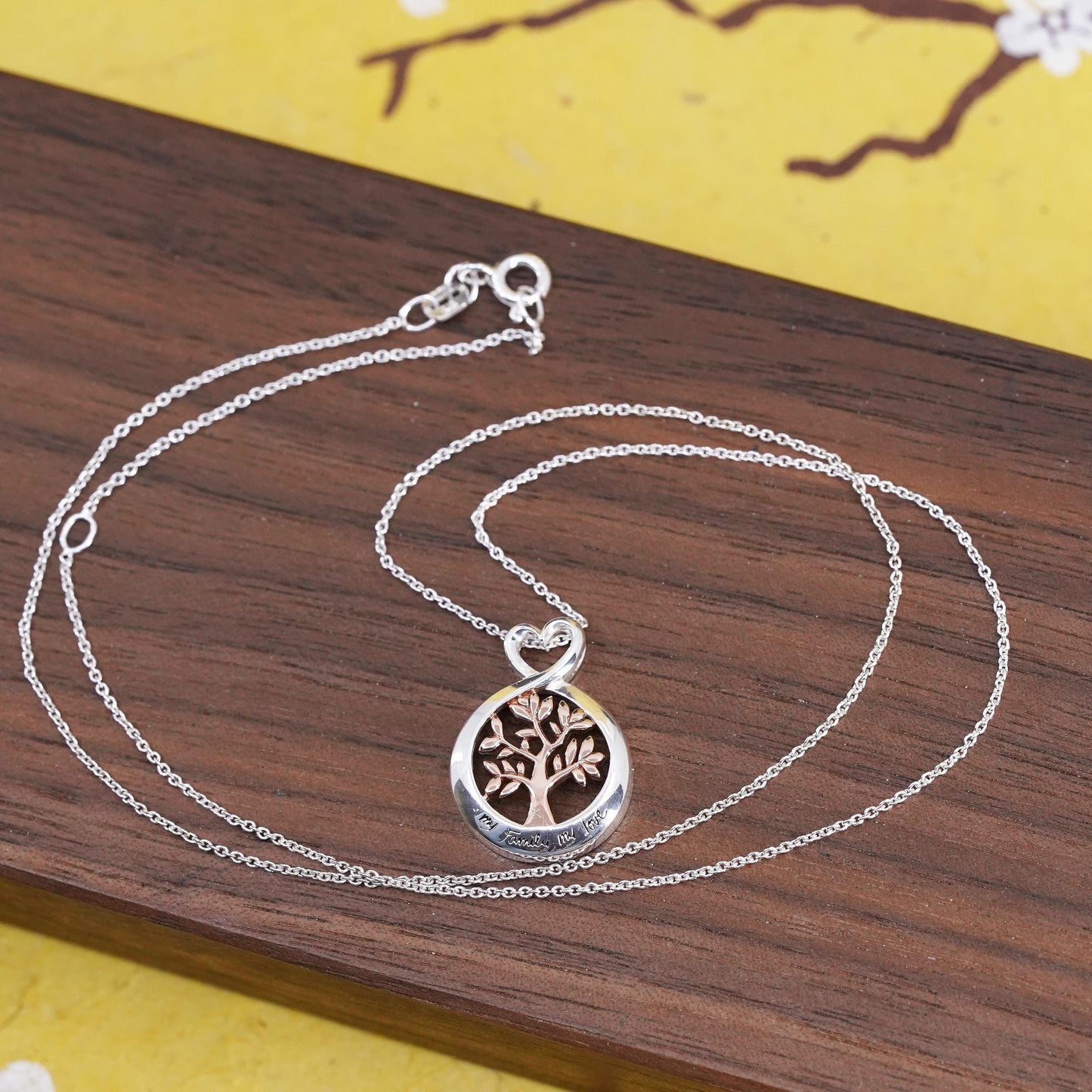 16+2” two tone Sterling silver necklace, 925 family tree pendant my family love