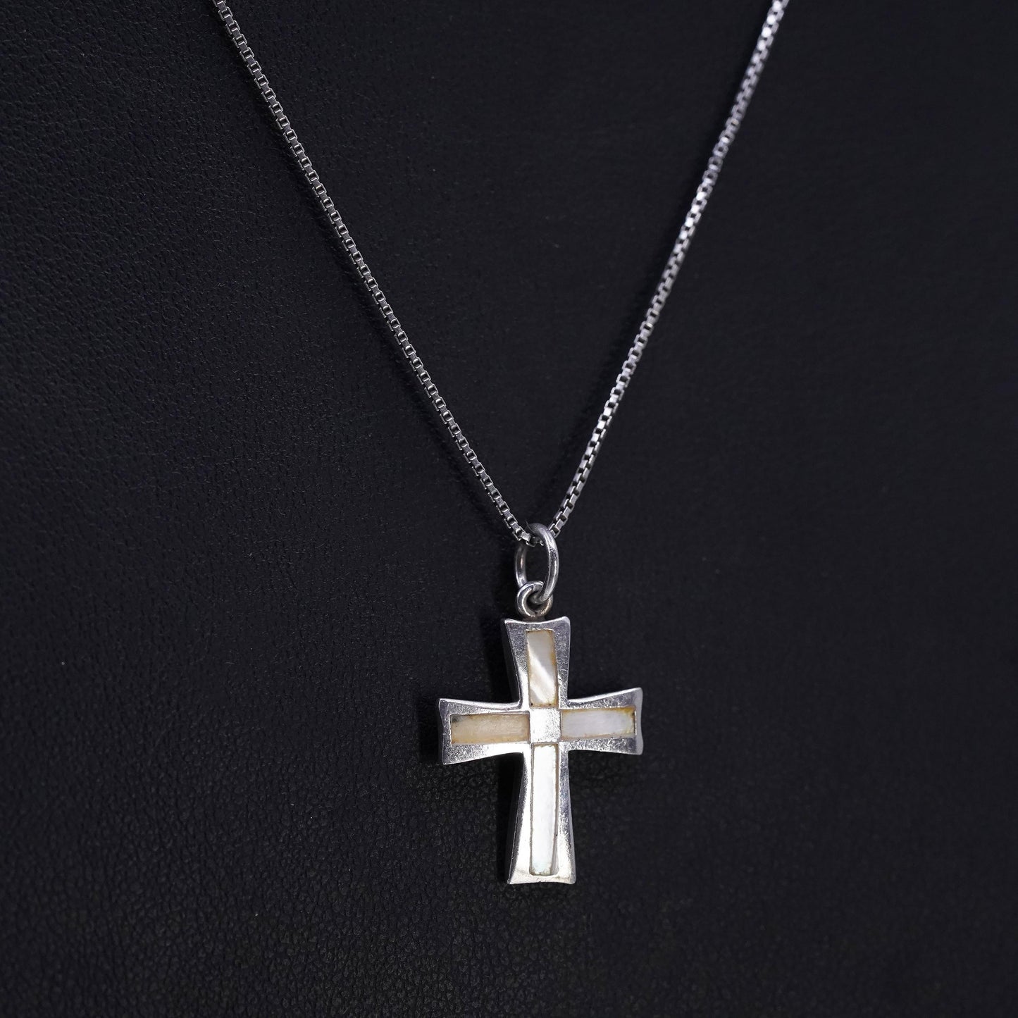 16" 1mm, vintage Sterling 925 silver box necklace mother of pearl cross pendant