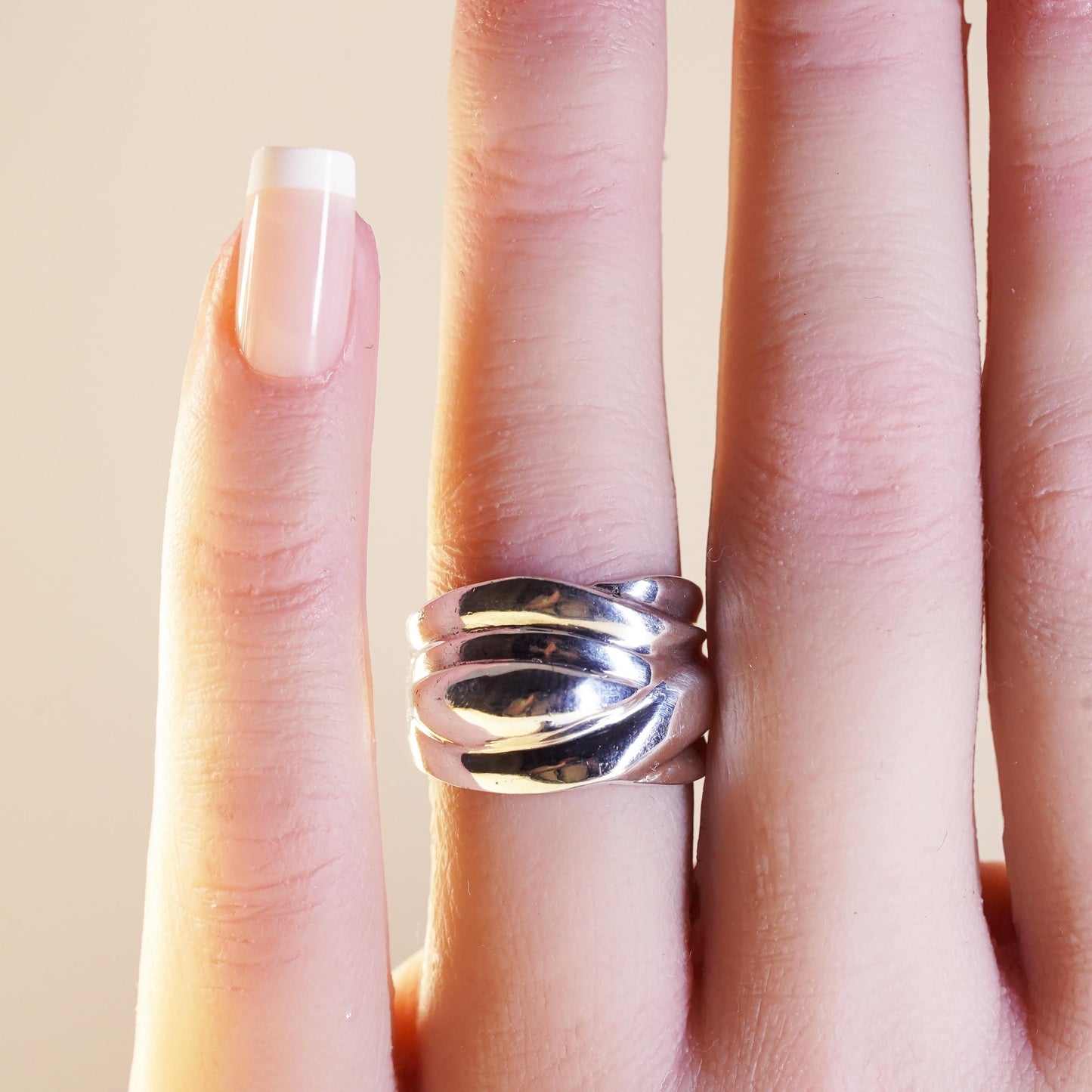 Size 6.5, vintage sterling silver handmade ring, 925 ribbed wavy wide band
