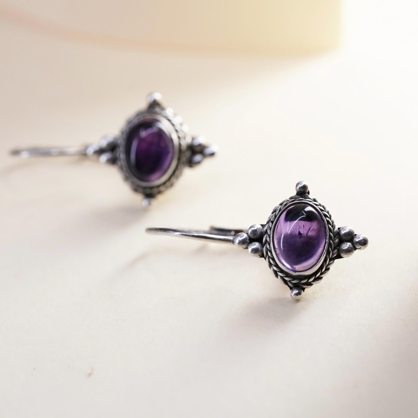 Vintage Sterling 925 silver handmade earrings with circle amethyst and beads