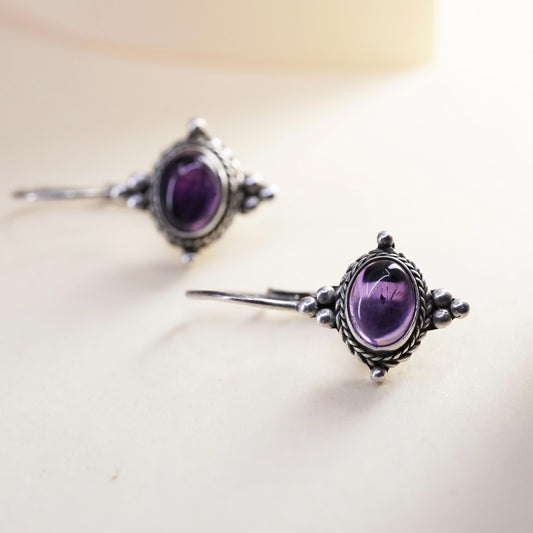 Vintage Sterling 925 silver handmade earrings with circle amethyst and beads