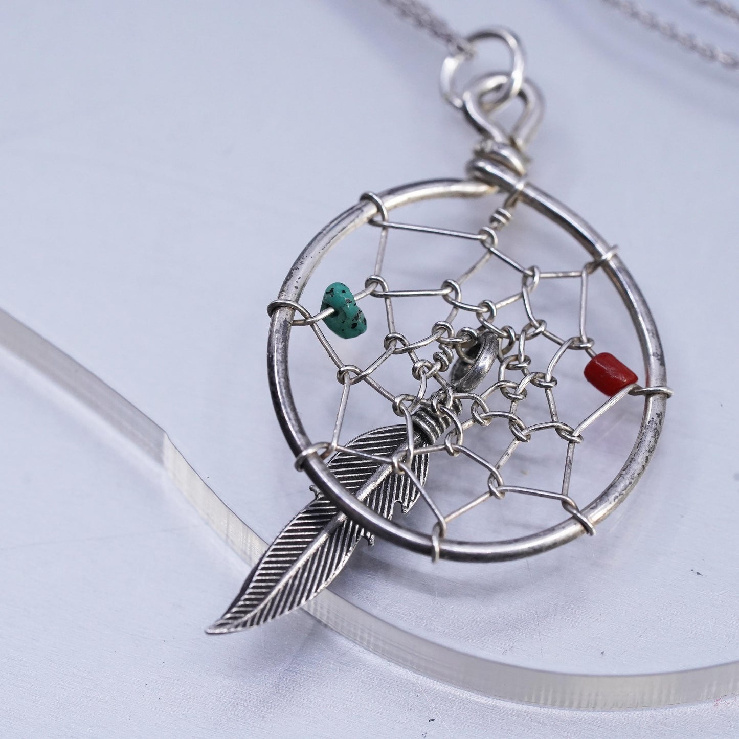 18", Native American Sterling 925 Sterling silver necklace feather pendant