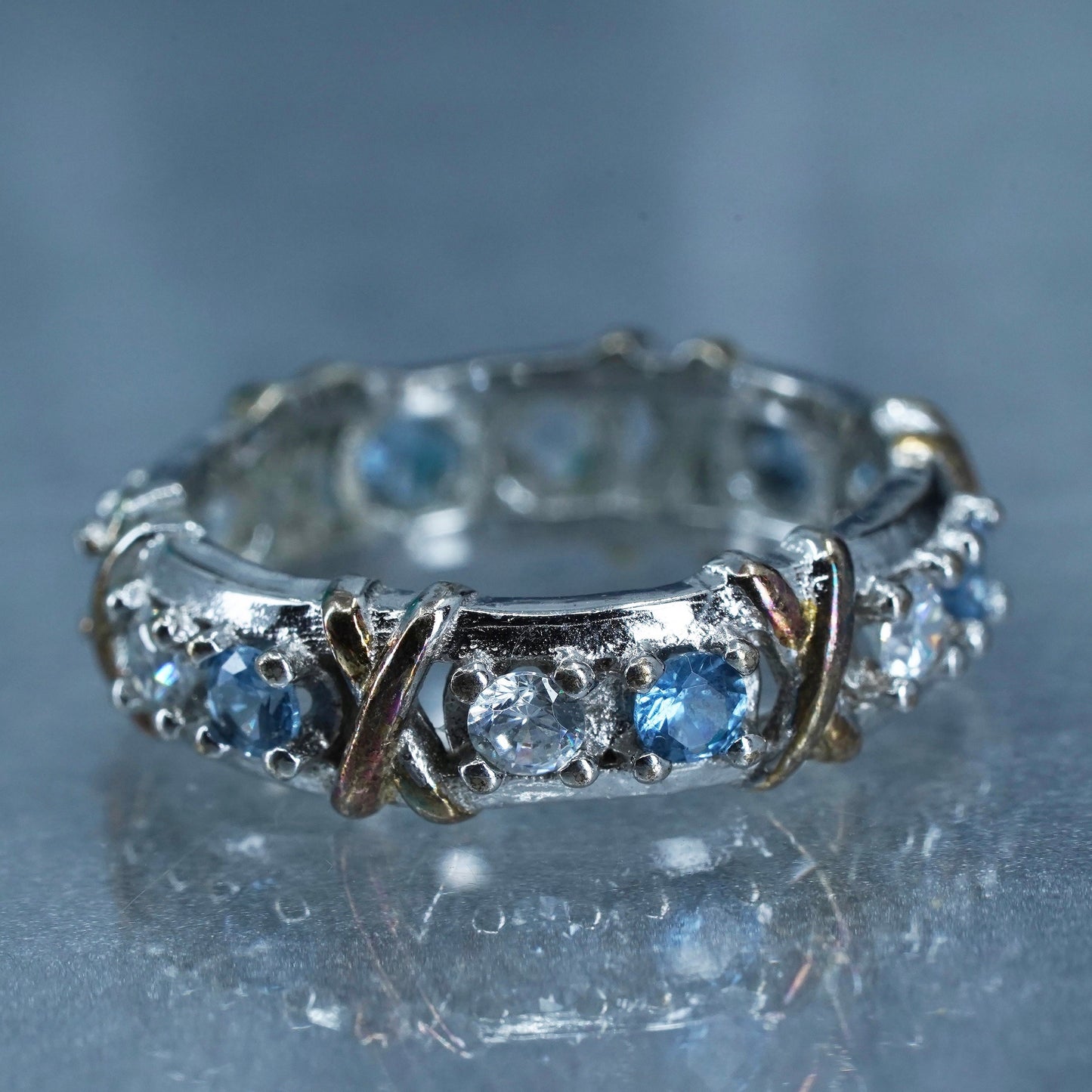 Size 8, vintage two tone Sterling 925 silver ring, blue topaz and Cz band