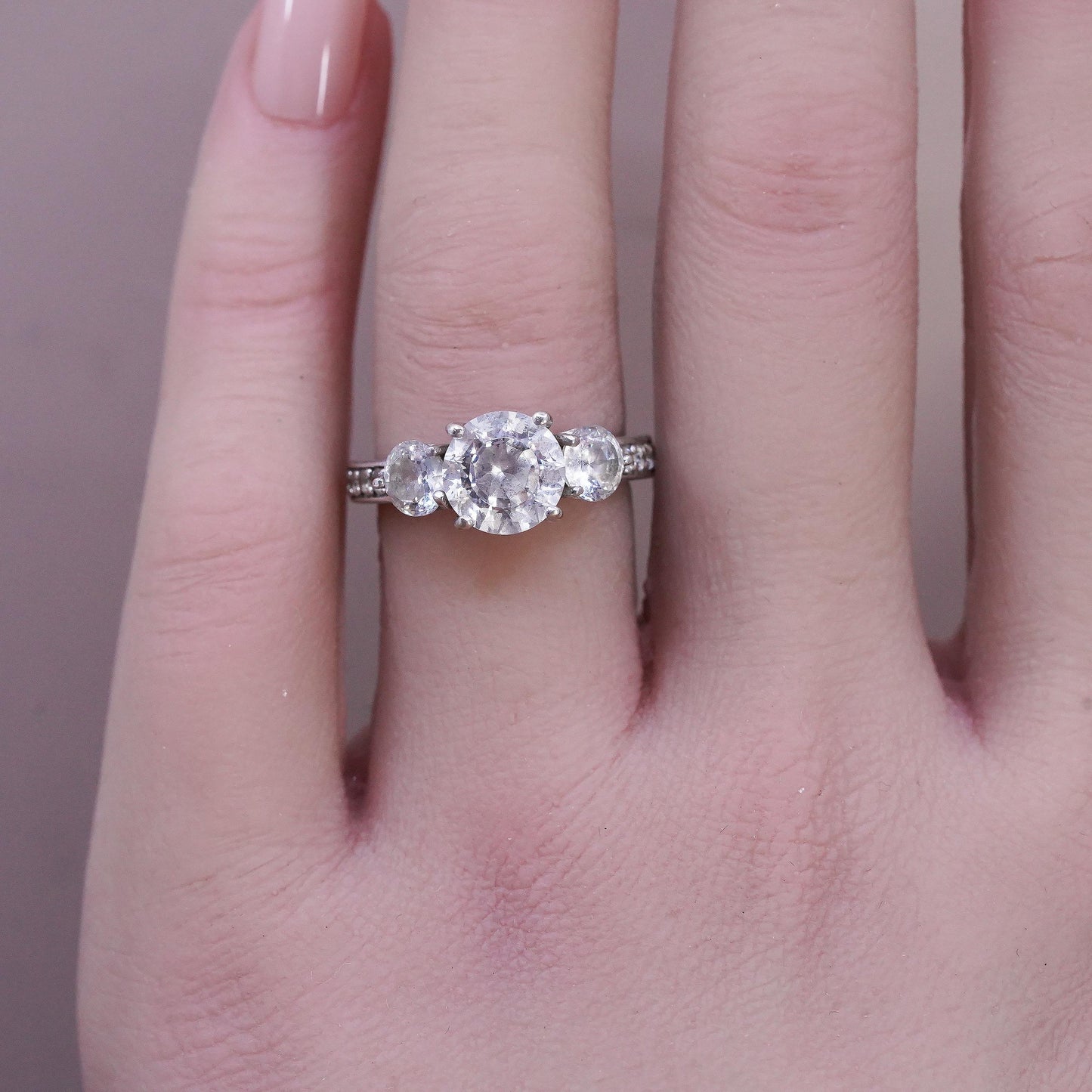 Size 6, vintage Sterling 925 silver engagement ring with cluster Cz around