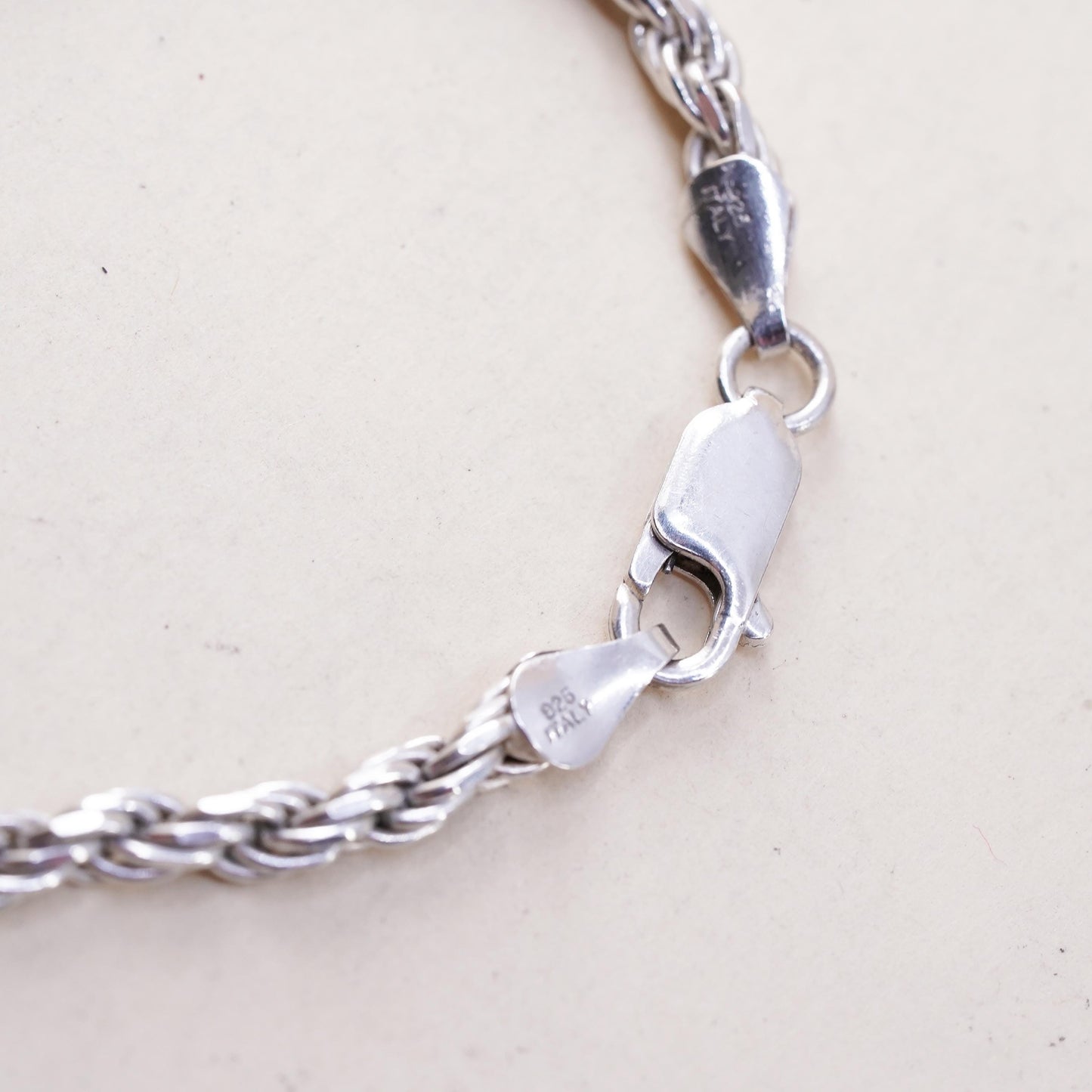 7" 3mm, Vintage Italian sterling 925 silver diamond cut rope chain bracelet