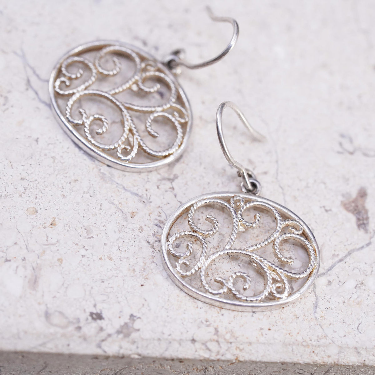 Vintage sterling silver handmade earrings, 925 filigree oval dangles