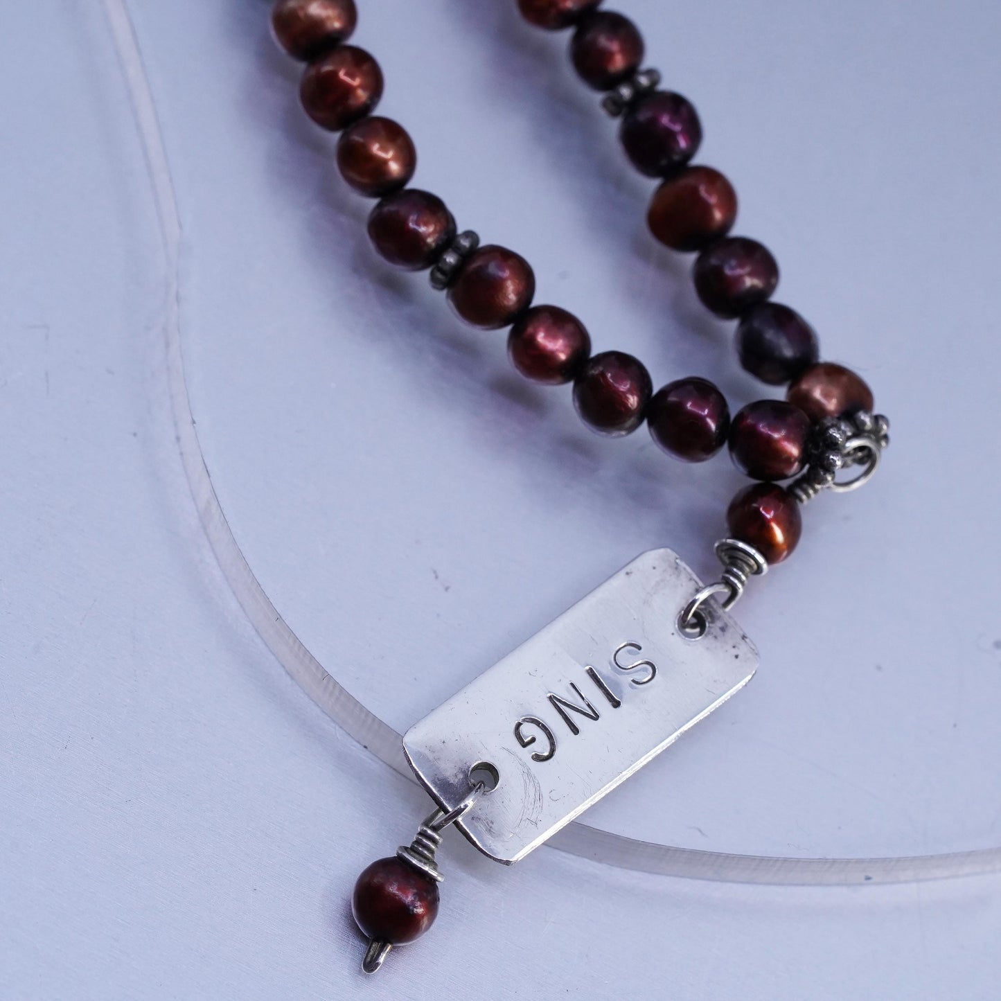 16", Vintage 5mm red freshwater pearl necklace Sterling 925 silver pendant Sing