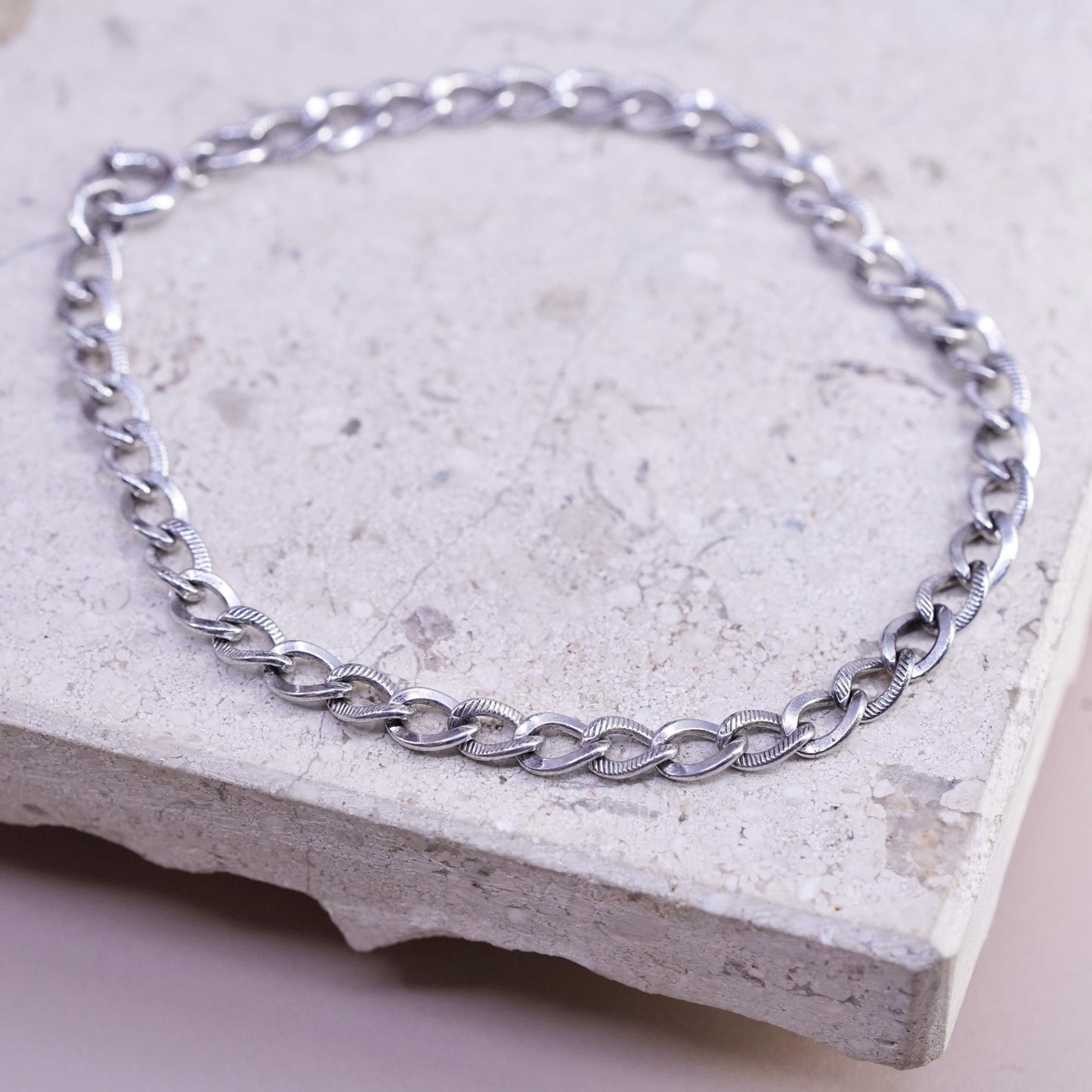 6.75”, vintage Sterling silver handmade bracelet, textured 925 curb link chain