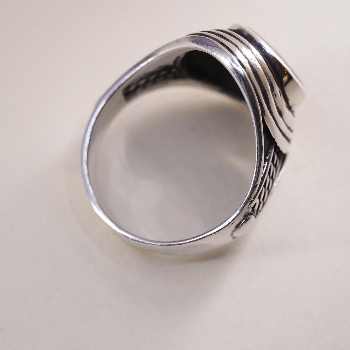 Size 12.25, Vintage sterling 925 silver statement handmade ring with oval onyx