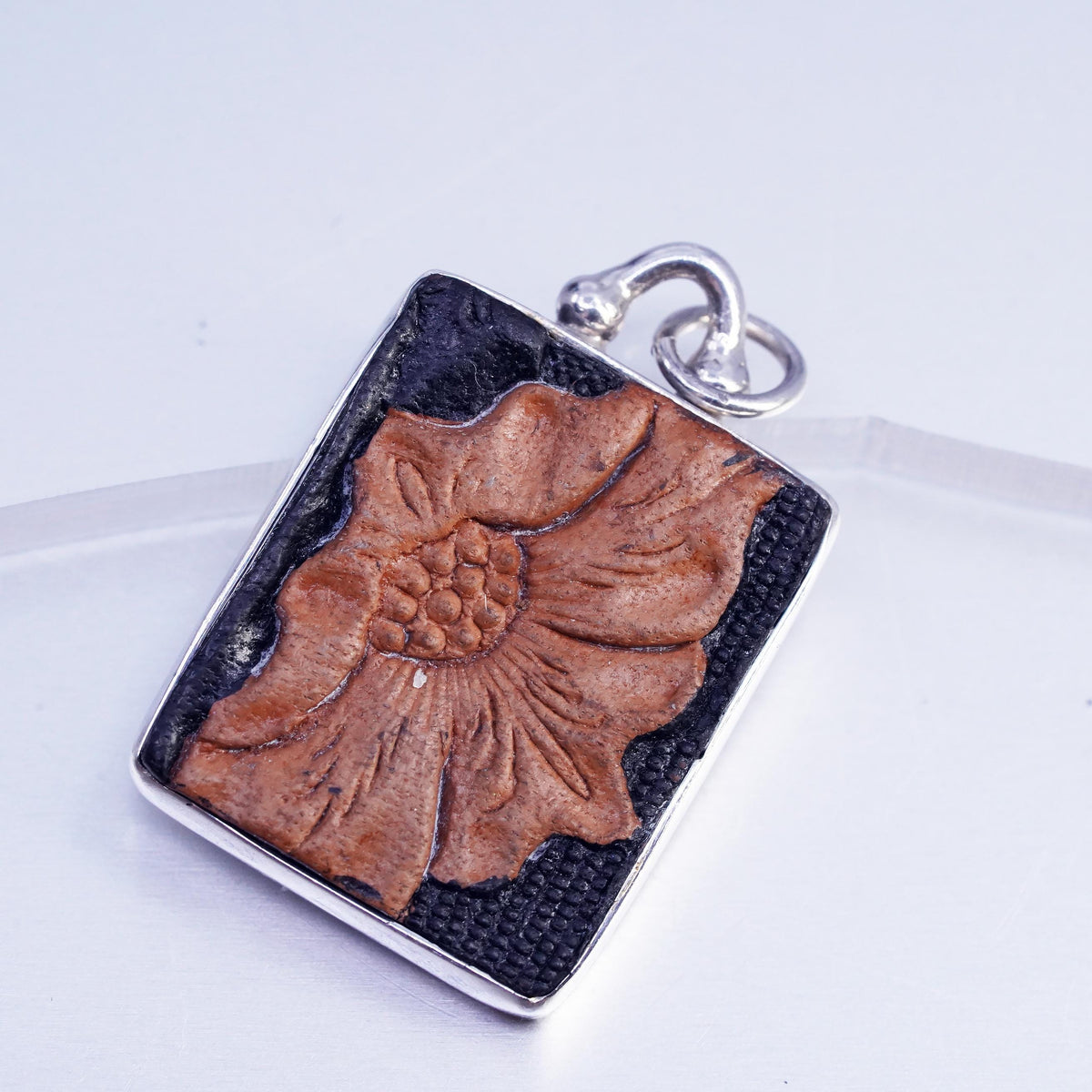 Peyote Bird PB Sterling 925 Silver Carved Leather Flower Pendant, Floral Relief