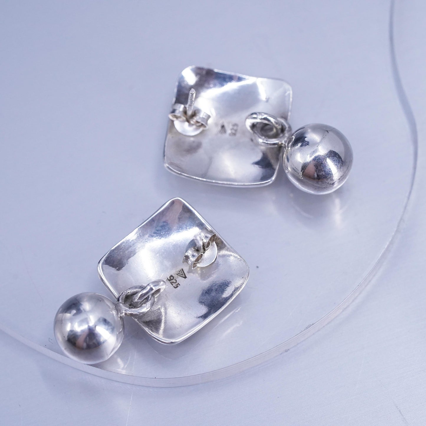 VTG Retired Silpada Sterling 925 Silver Concave Square Ball Bead Earrings P0288