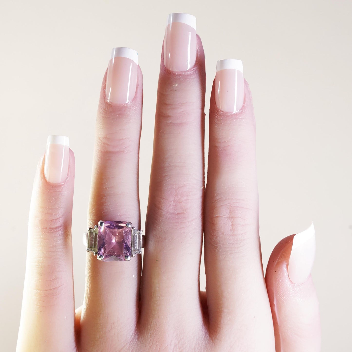 Size 8.25, Vintage Sterling 925 silver ring with square pink Quartz clear cz