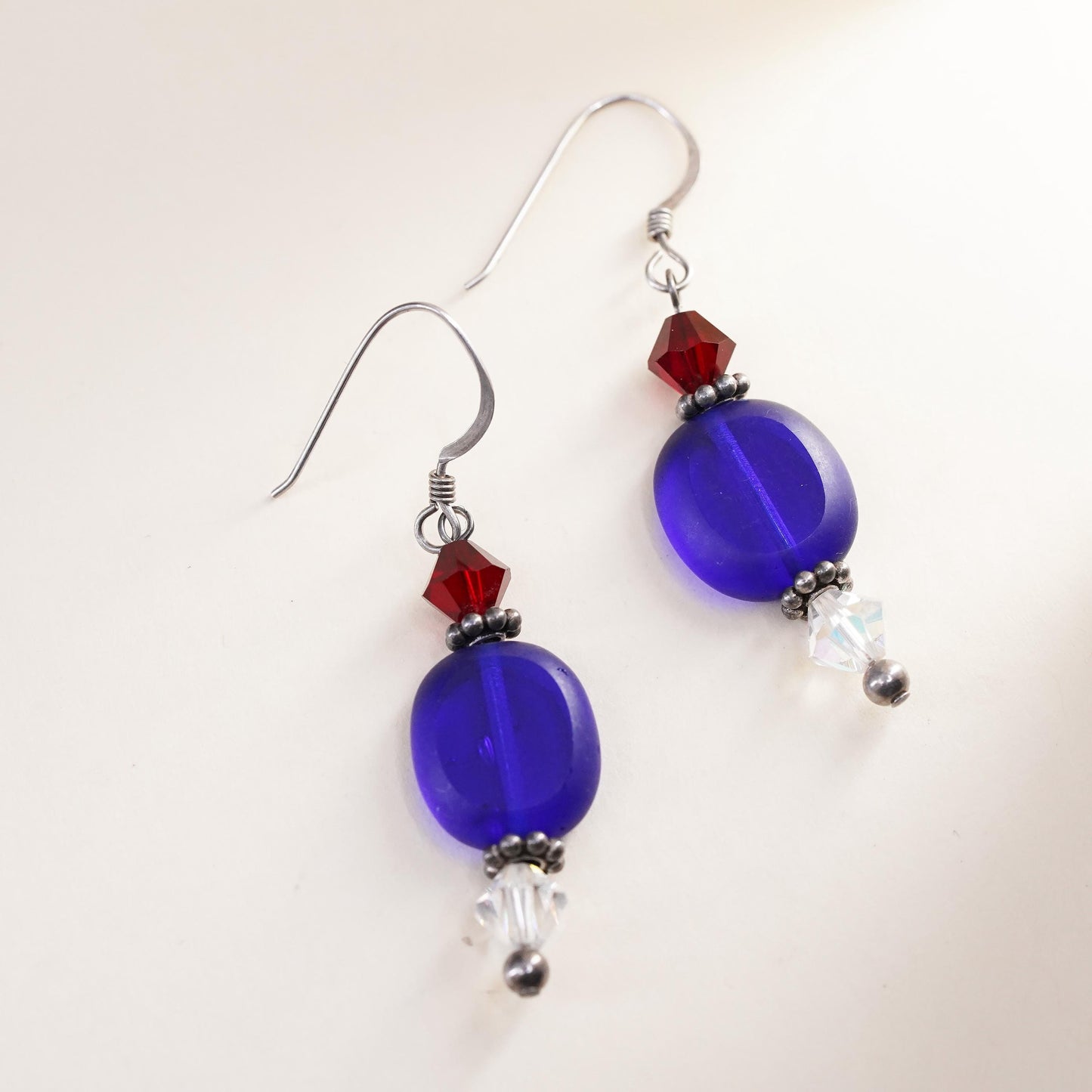 VTG Sterling silver handmade earrings, 925 hooks blue artisan glass drops ruby