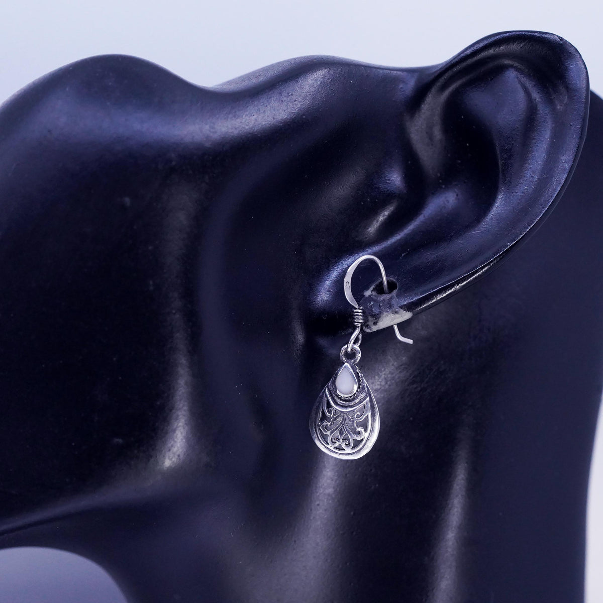 Vintage Sterling 925 Silver Filigree Teardrop Shaped Earrings Mother of Pearl