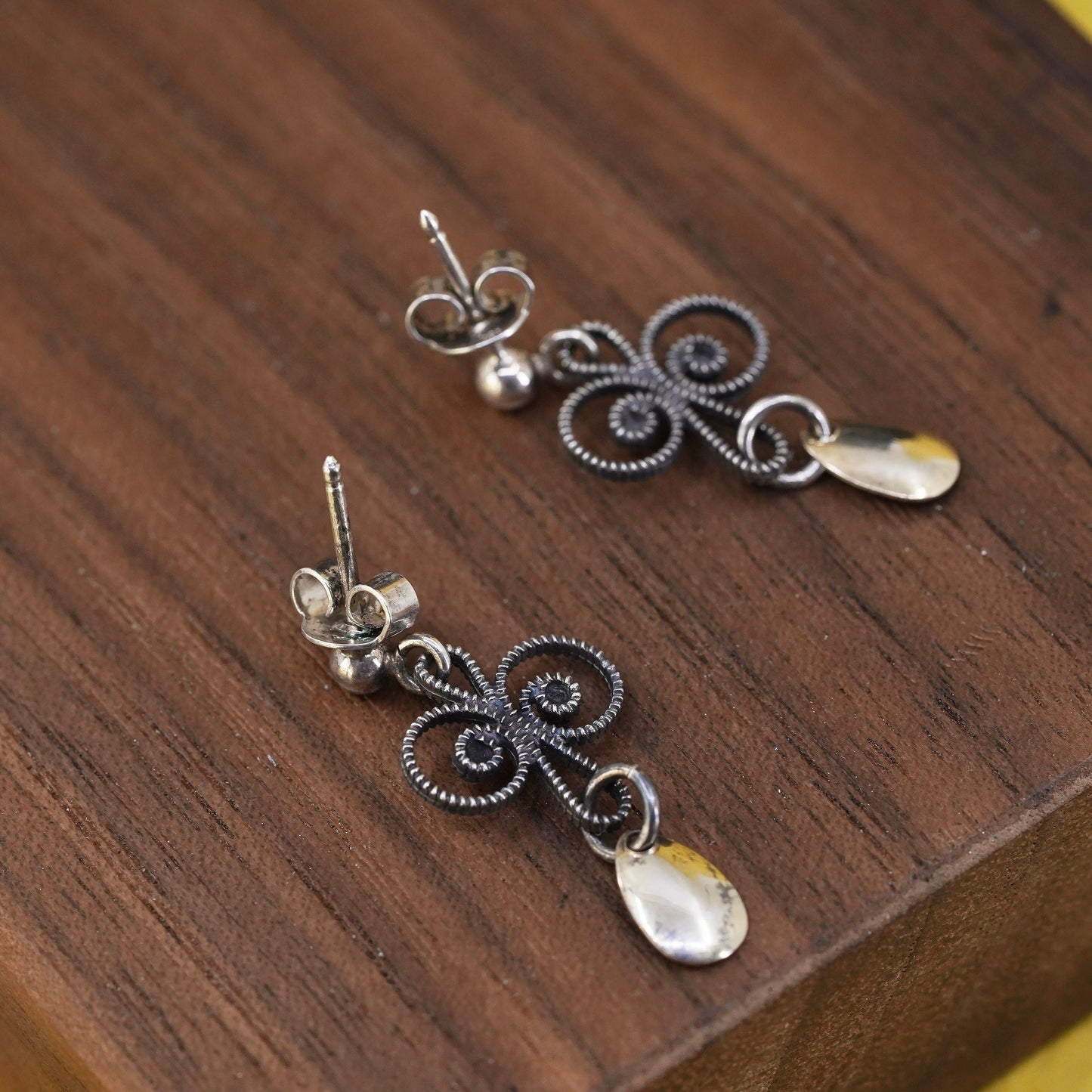 two tone sterling 925 silver handmade filigree earrings with copper teardrop