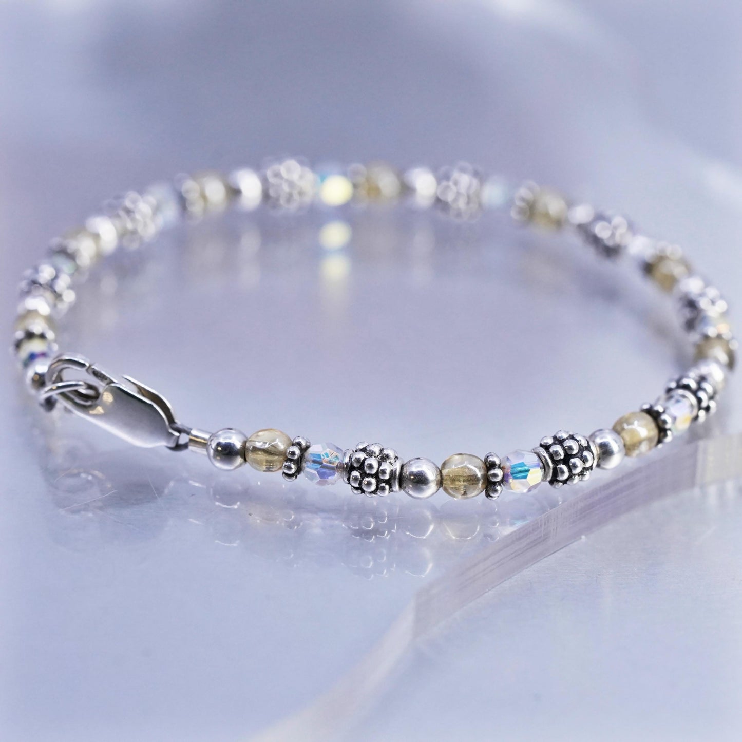 7.5", Vintae Sterling 925 Silver Handmade Bracelet, Crystal beads