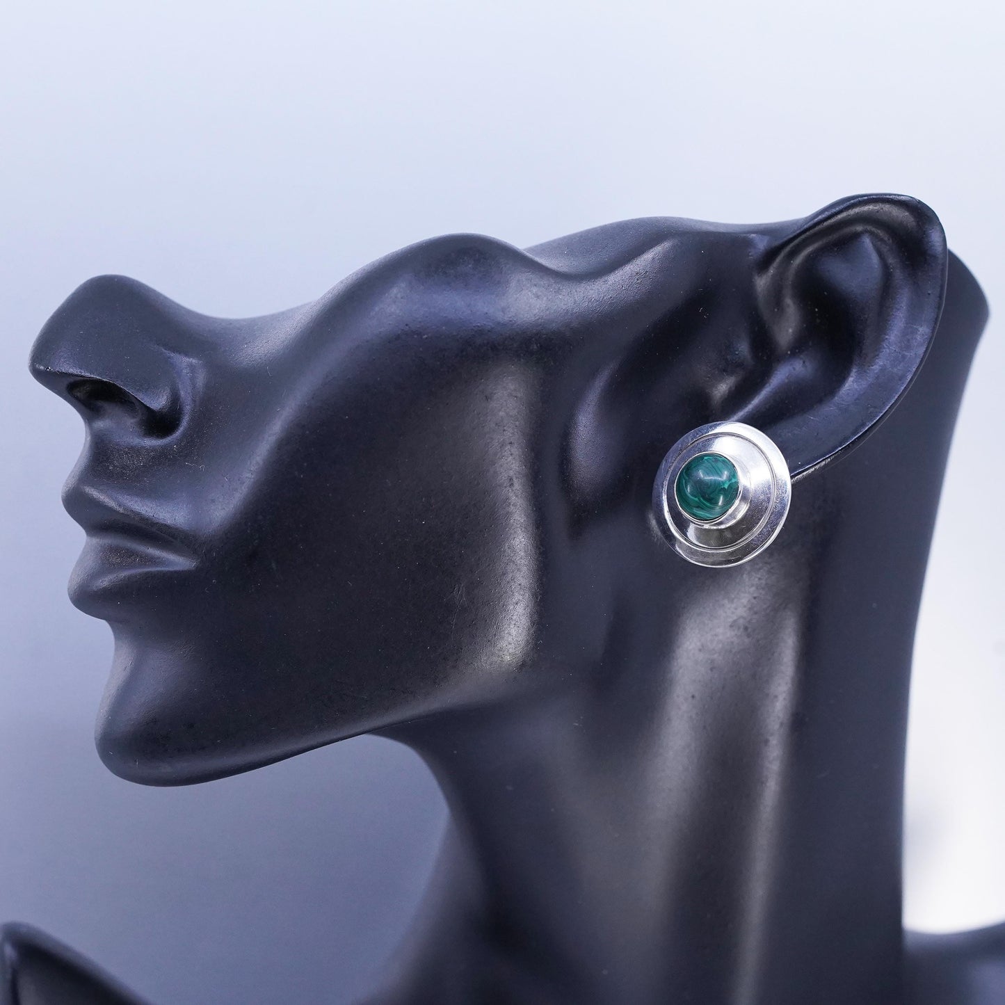 Vintage Mexican 925 Sterling Silver malachite onyx inlay circle studs Earrings
