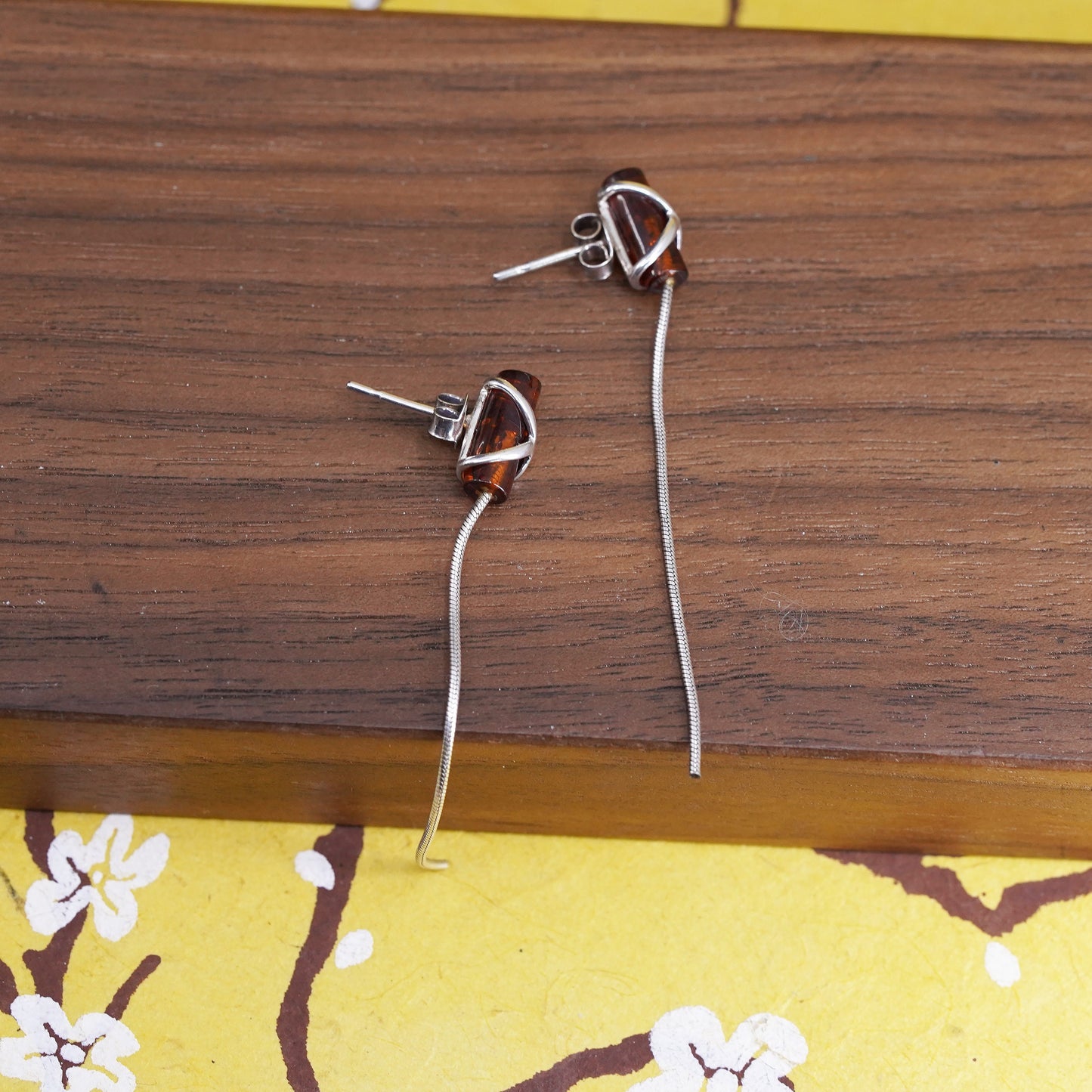 Vintage Sterling 925 silver handmade earrings with Amber and snake chain