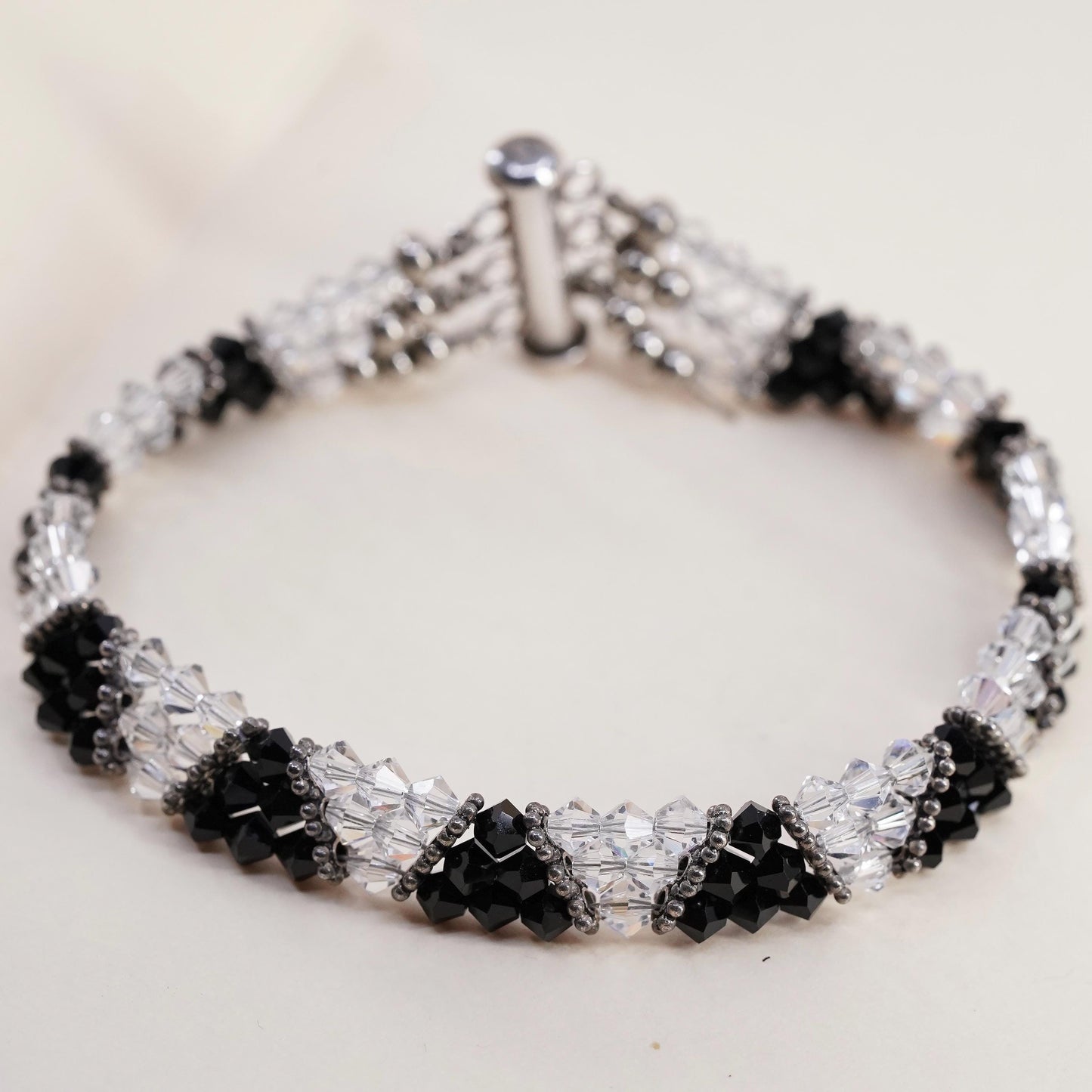 7.75", vintage Sterling silver bracelet, multi strands cluster crystal beads