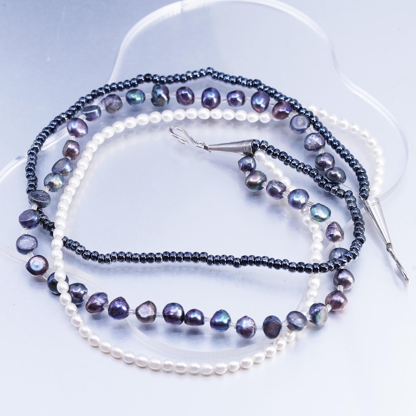 18" VTG Sterling 925 Silver Multi Strands triple tone freshwater pearl Necklace