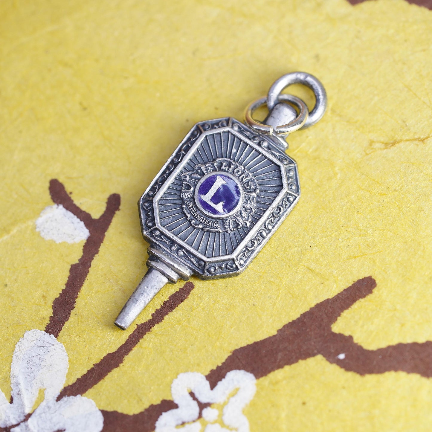 Vintage Lions Clubs International 925 Sterling Silver Key Charm, Lions Club Watch Fob Pendant, Purple Enamel Fraternal Jewelry, stamped Ster