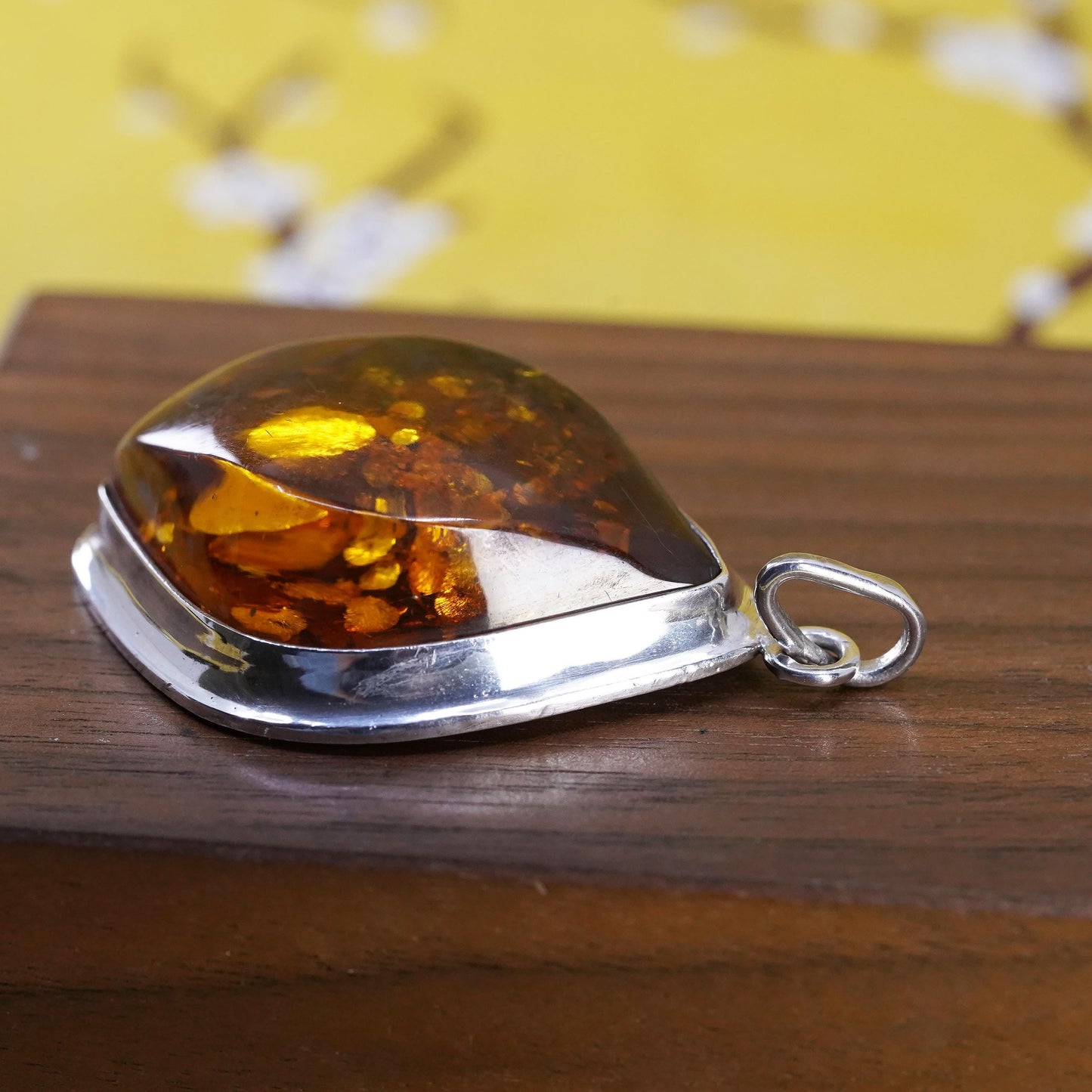 Vintage Sterling 925 silver handmade pendant with amber