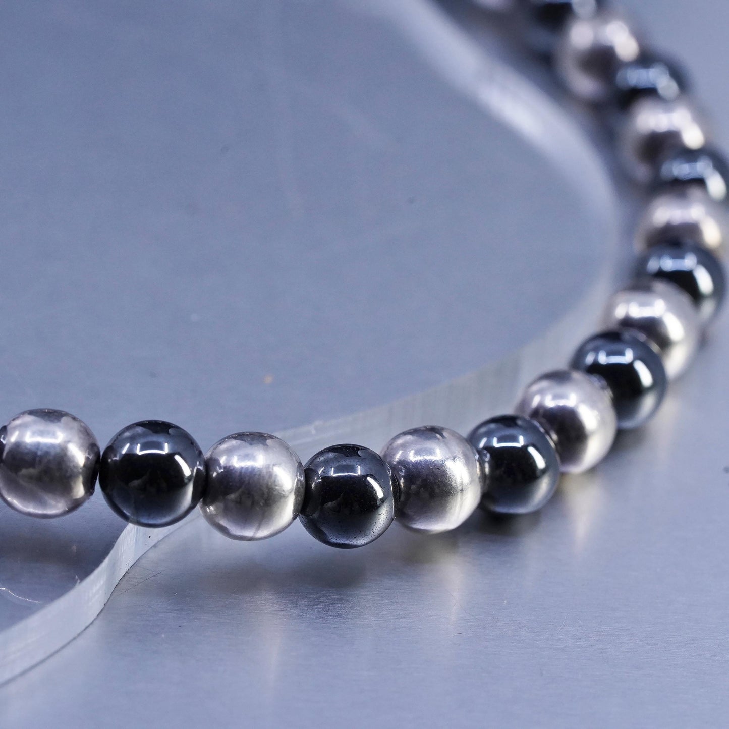 16" 8mm, Vintage Sterling 925 silver handmade necklace with hematite beads