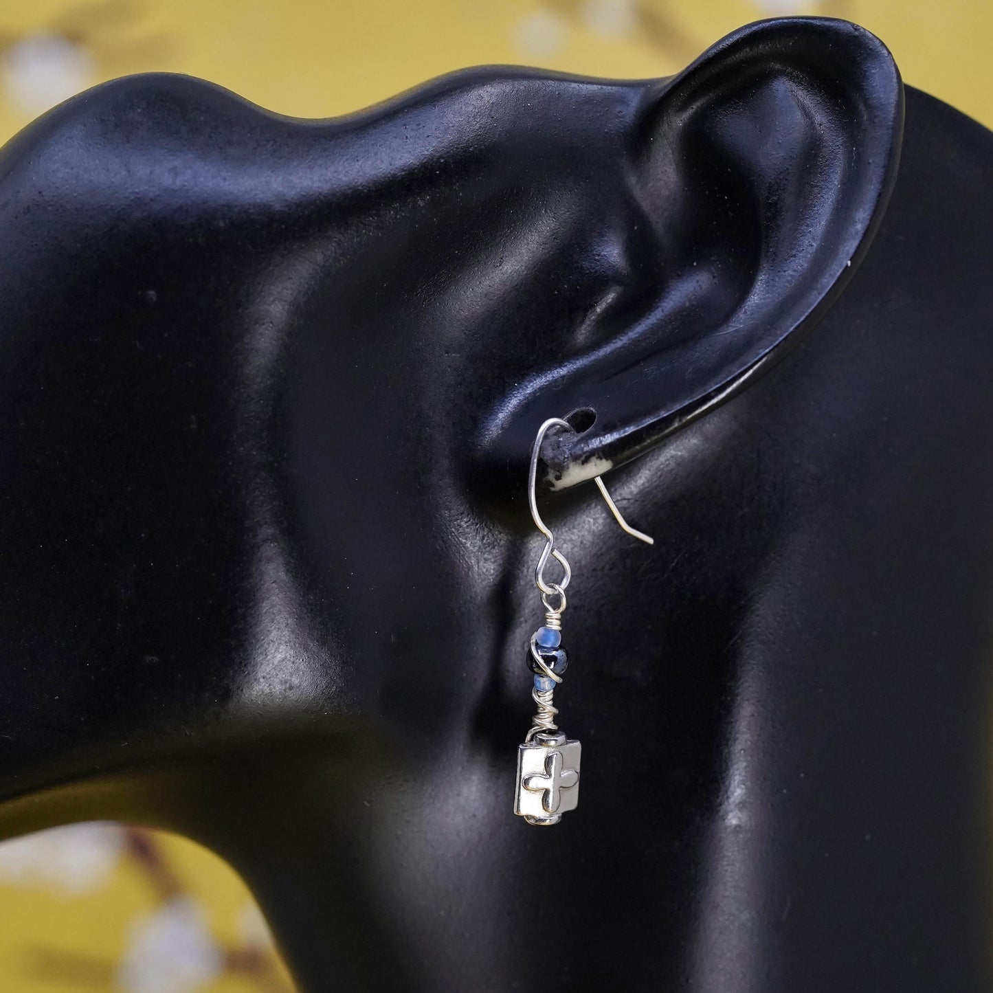 Vintage Sterling silver handmade earrings, 925 wired dangles with cross dangles