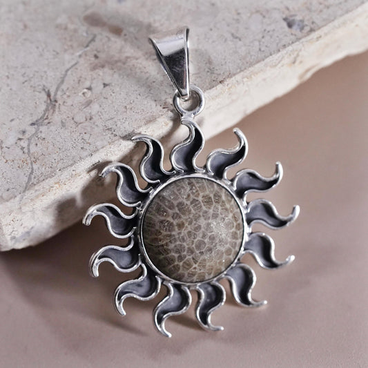 Vintage Sterling silver handmade pendant, 925 sun with fossil coral inlay