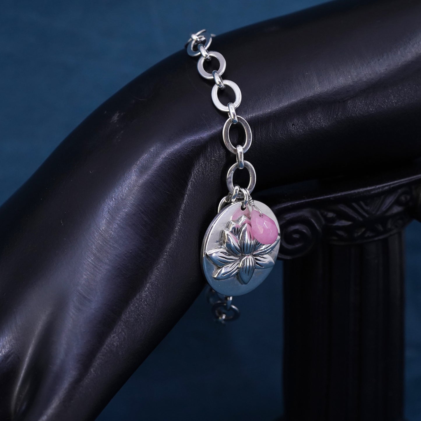 6.75", Sterling silver bracelet, 925 flatten circle chain lotus flower charm
