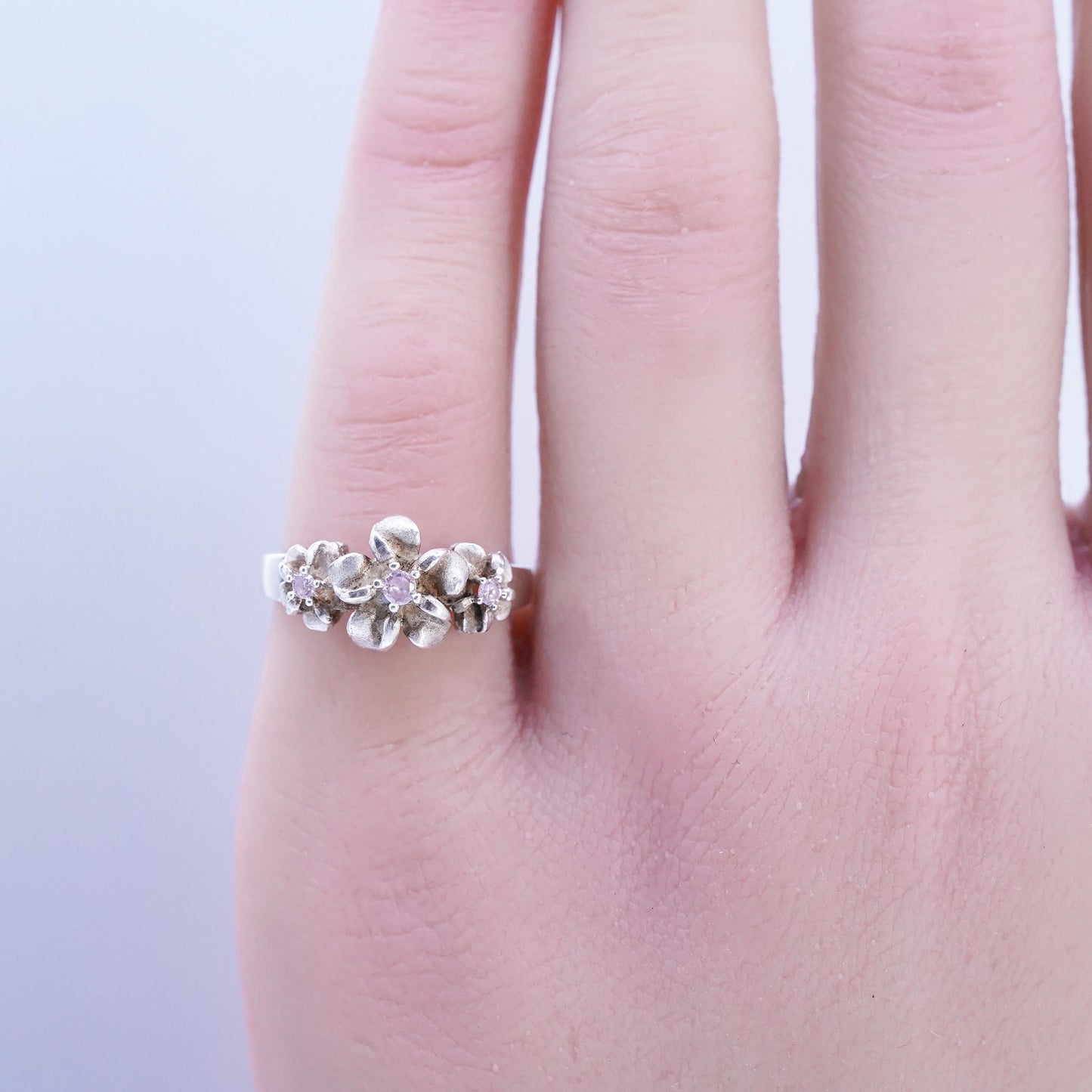 Size 6, vintage Sterling 925 silver handmade ring, plumeria flower band pink cz