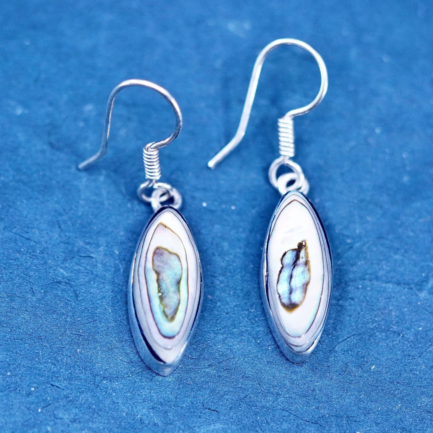 Mexican Sterling 925 silver handmade earrings with marquise shaped abalone