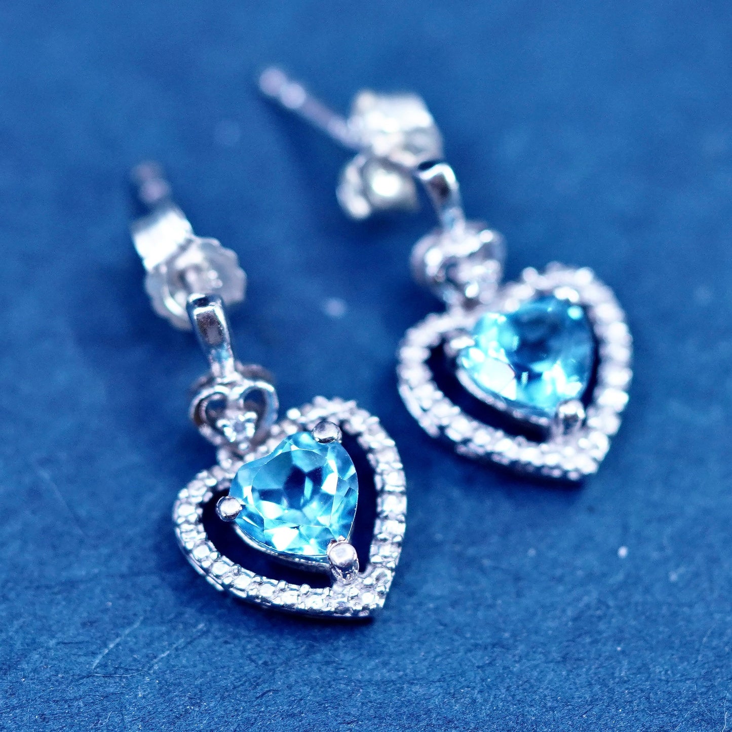 Vintage sterling 925 silver handmade heart earrings with blue topaz and cz