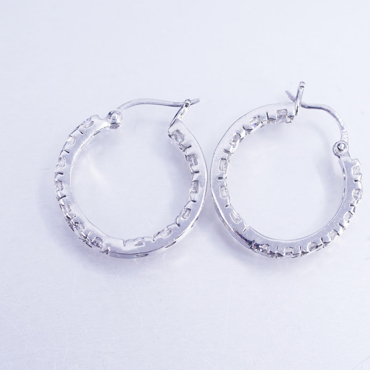 0.75", vintage Sterling silver handmade earrings, 925 Huggie hoops cluster CZ