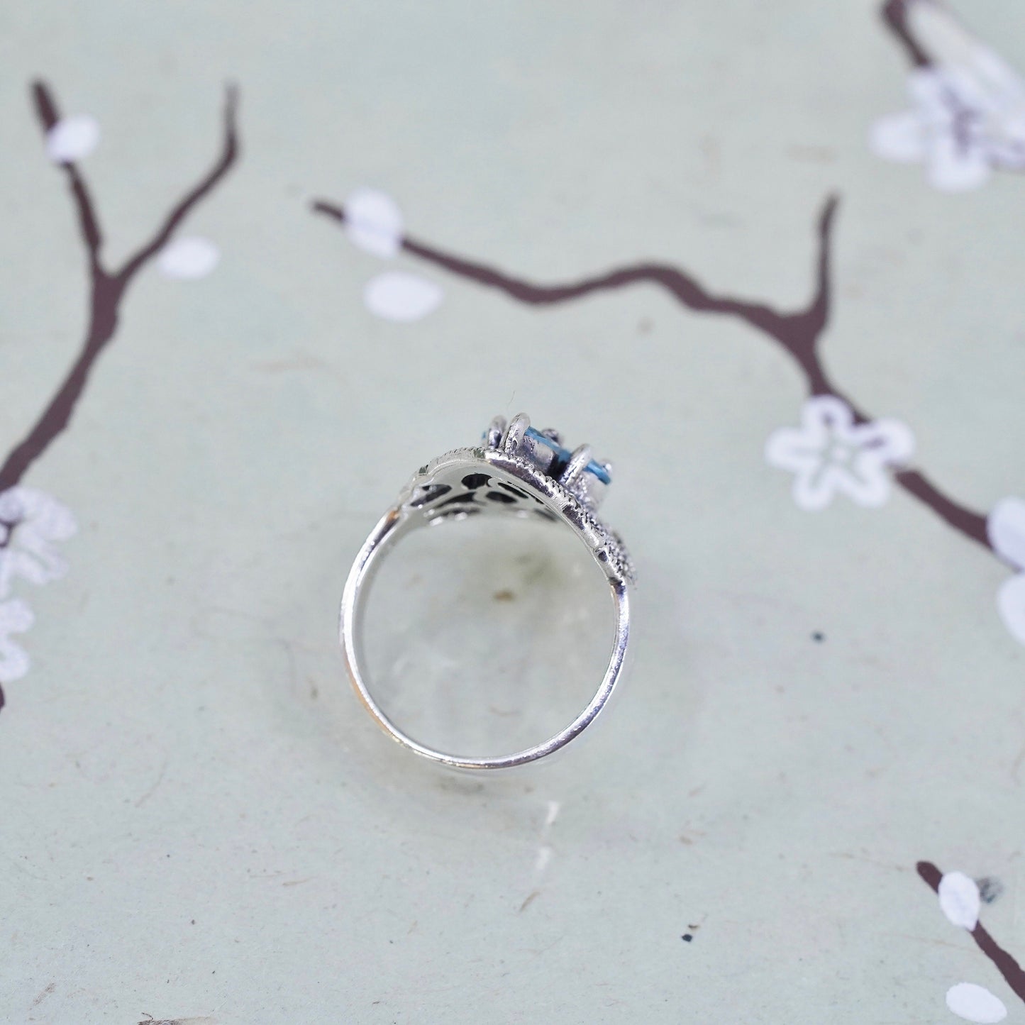 Size 6, Sterling 925 silver handmade ring with blue Crystal and marcasite