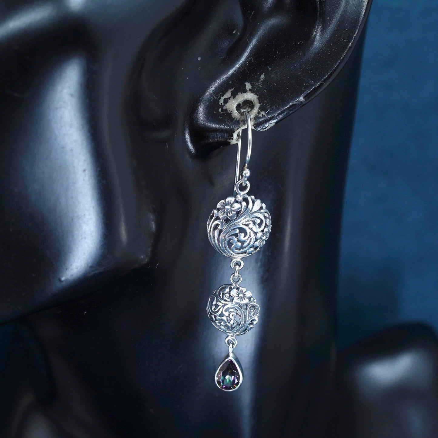 Sterling silver earrings, 925 filigree drops teardrop rainbow topaz