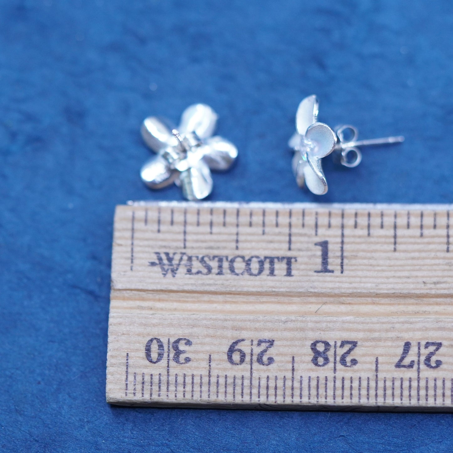 Vintage Sterling silver handmade earrings, 925 plumeria flower studs with cz