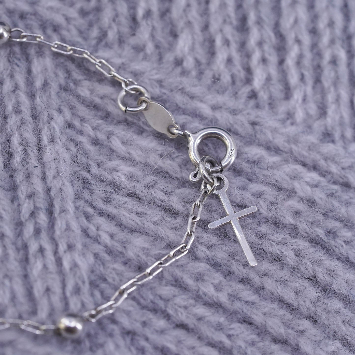 7.75", vintage Sterling silver handmade bracelet, 925 beads chain cross charm