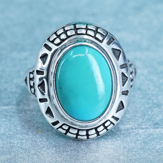 Size 7, southwestern Sterling 925 silver handmade textured ring oval turquoise