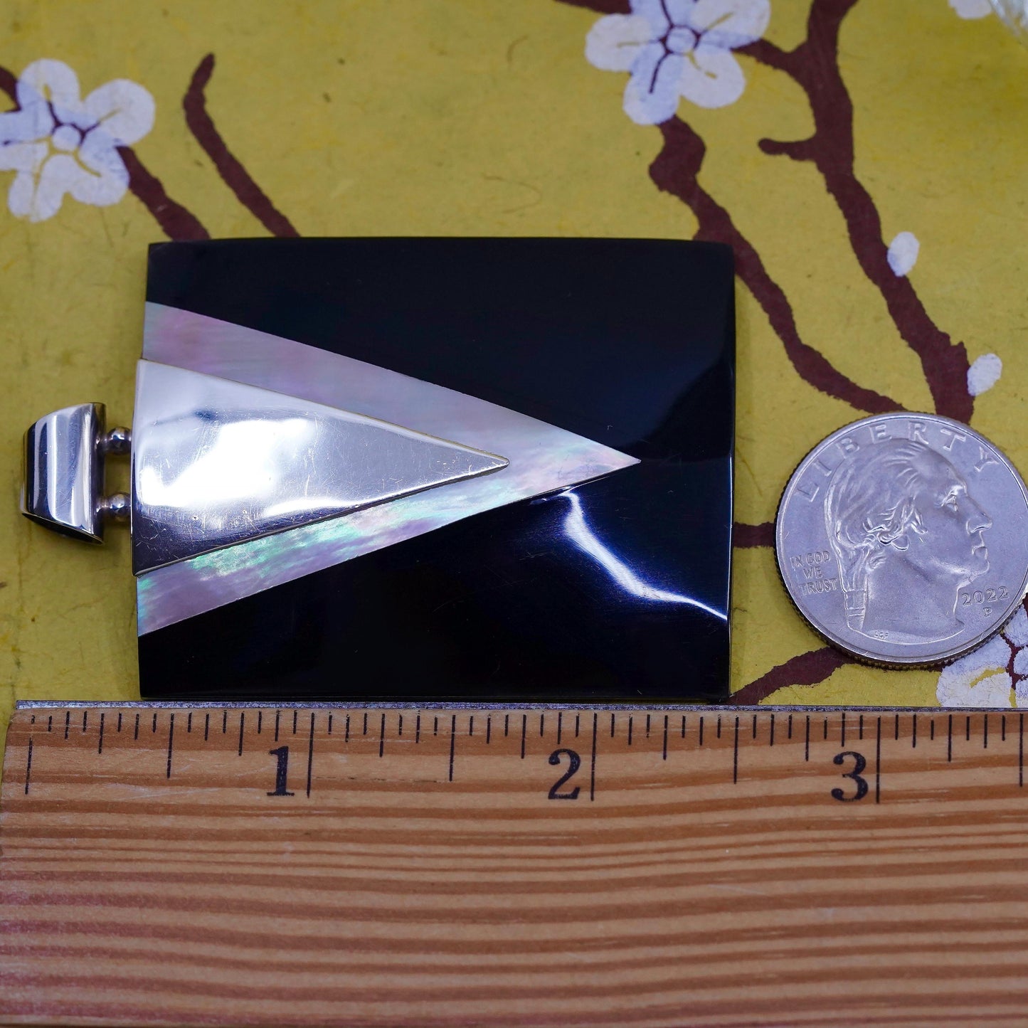 Mexican huge Sterling 925 silver rectangular pendant with onyx mother of pearl