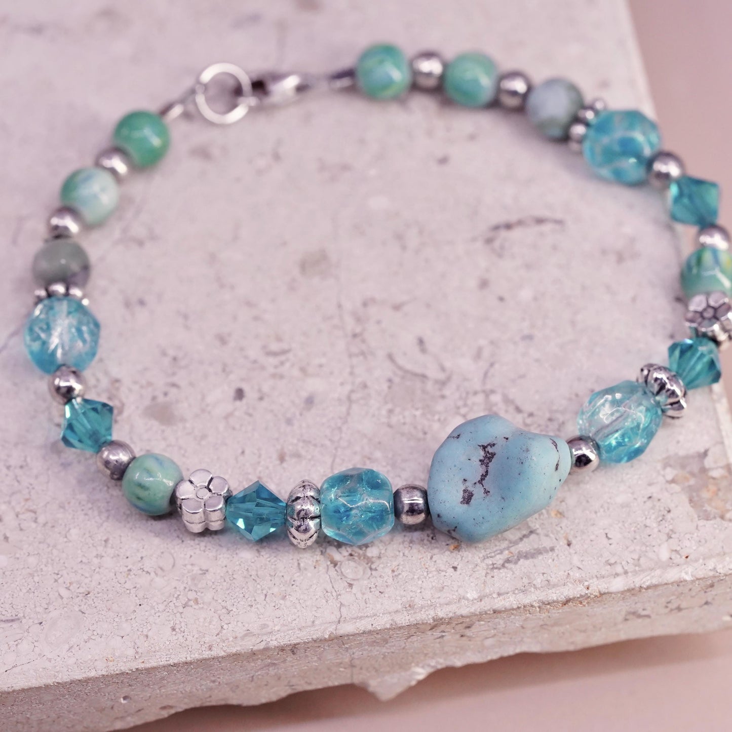 7", Vintage Sterling 925 silver handmade bracelet turquoise nugget crystal