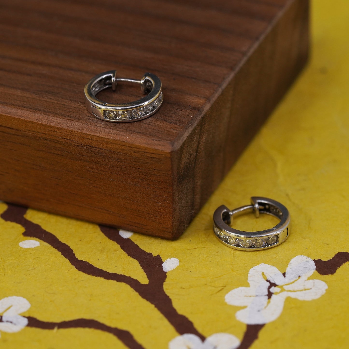 0.5", vintage Sterling silver handmade earrings, 925 huggie hoops w/ cluster cz