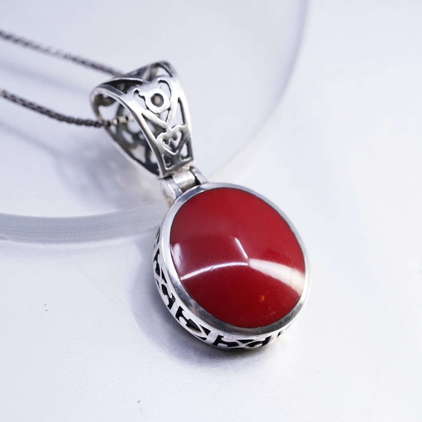 21", vintage Sterling 925 silver handmade box chain necklace red Onyx pendant