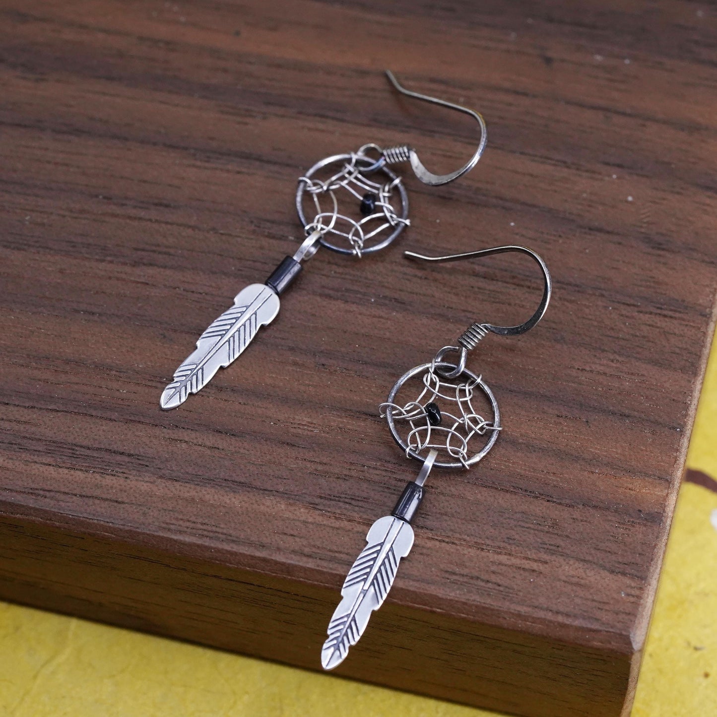 Vintage Sterling 925 silver handmade net earrings with onyx and feather