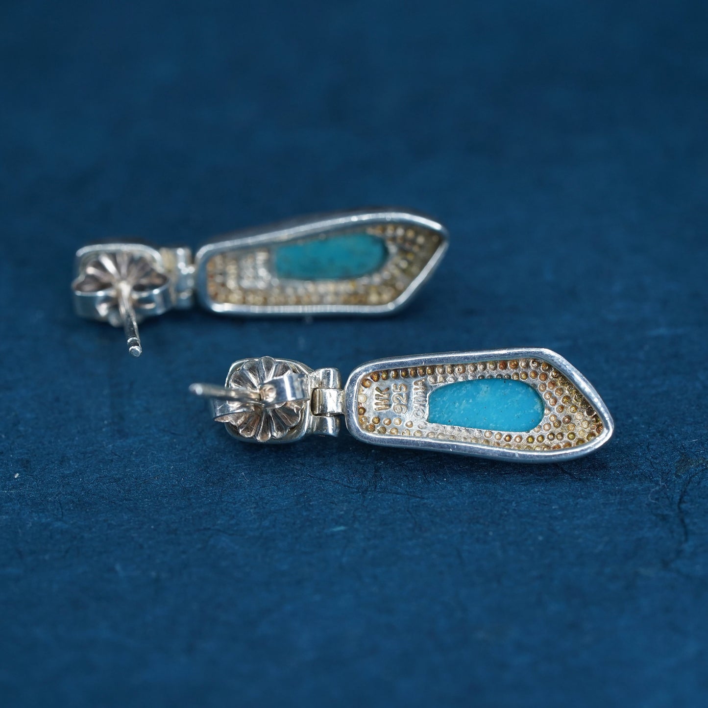 Vintage Thailand Sterling 925 silver handmade earrings with oval turquoise