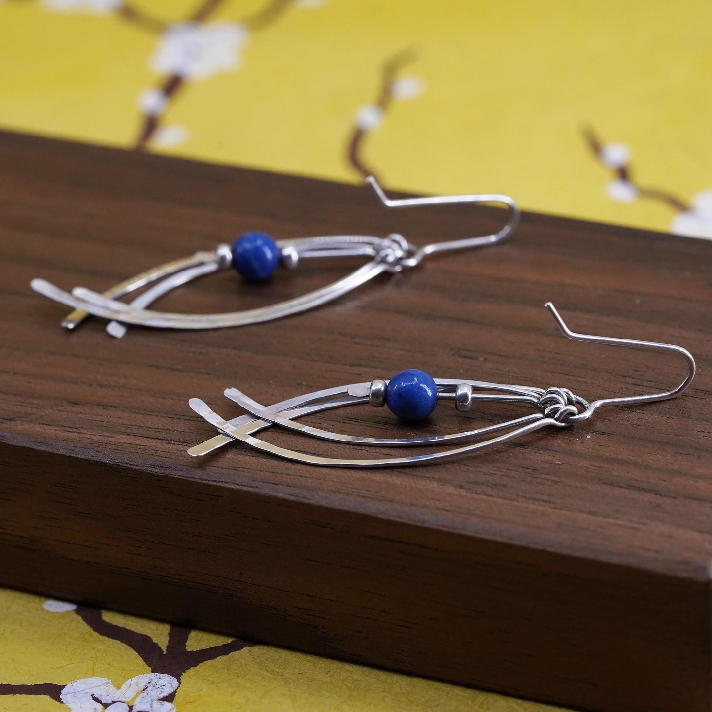 Vinatge Sterling 925 Silver Handmade fridge Earrings with lapis lazuli bead