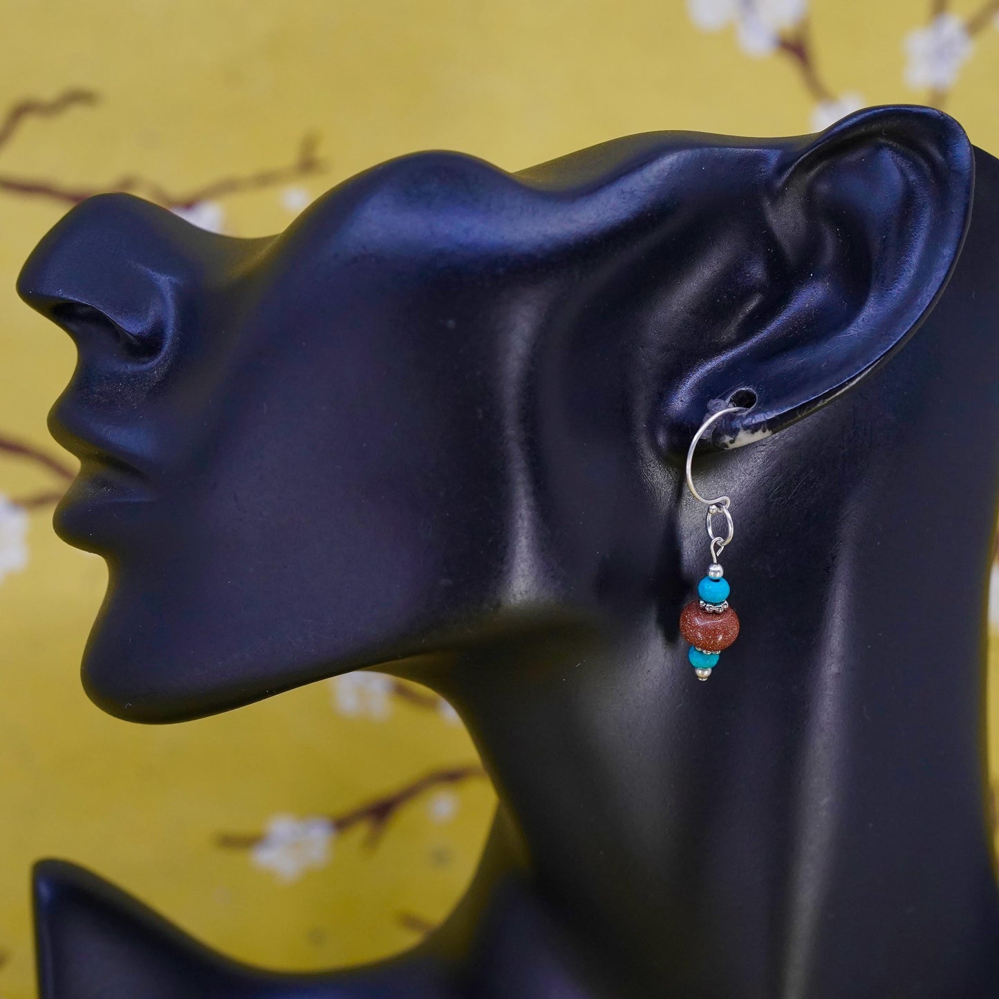 Vintage Sterling 925 silver handmade earrings with turquoise goldstone beads